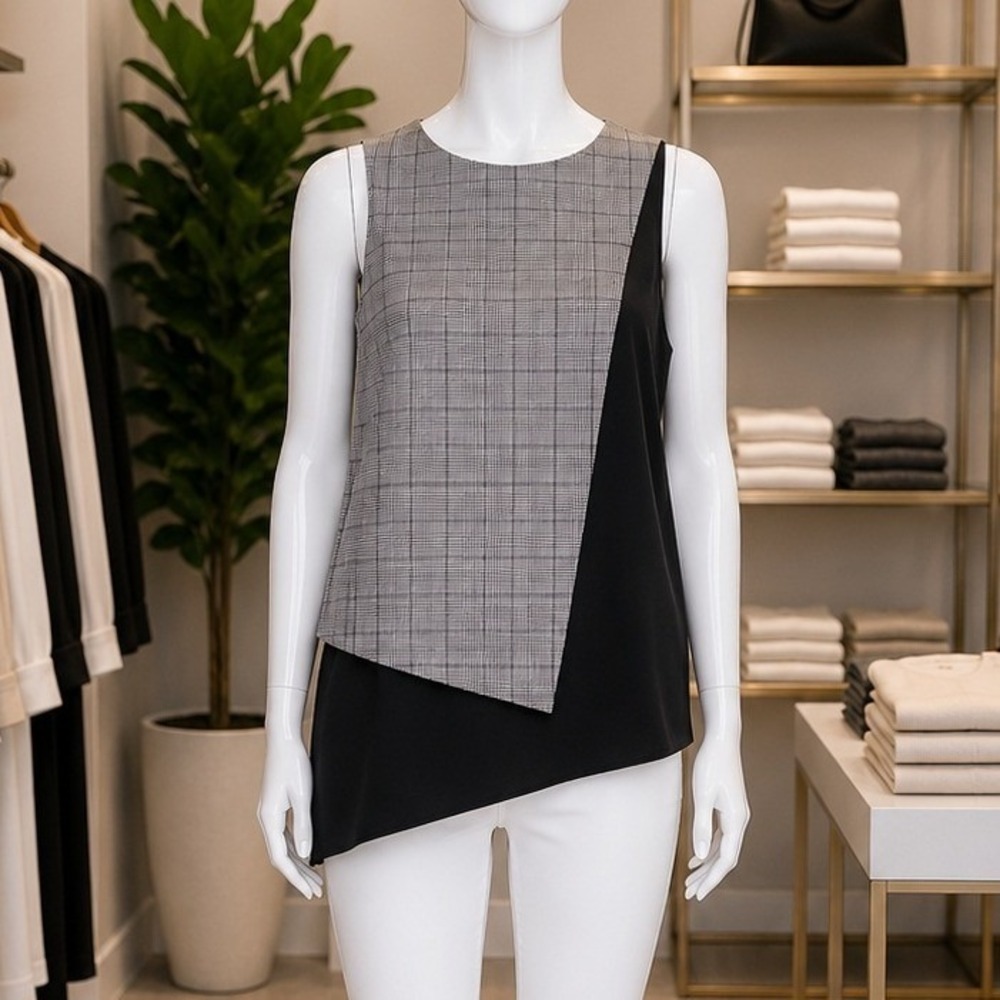 Fifteen Twenty Womens Tank Top Asymmetrical Layered Glen Plaid Black Gray Size S
